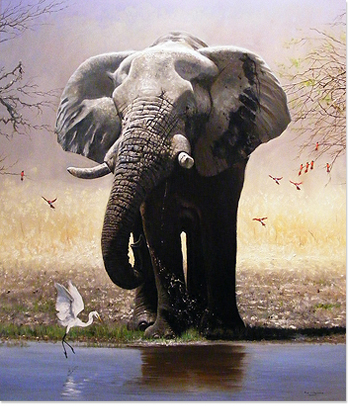 Elephant, Egret and Carmines